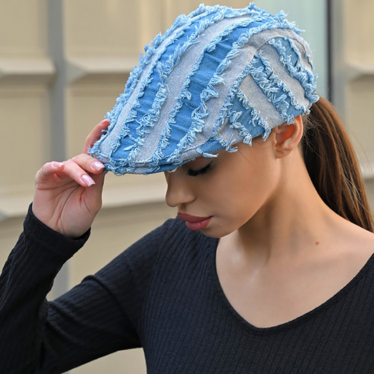 Fringed Denim Cabbie Hat