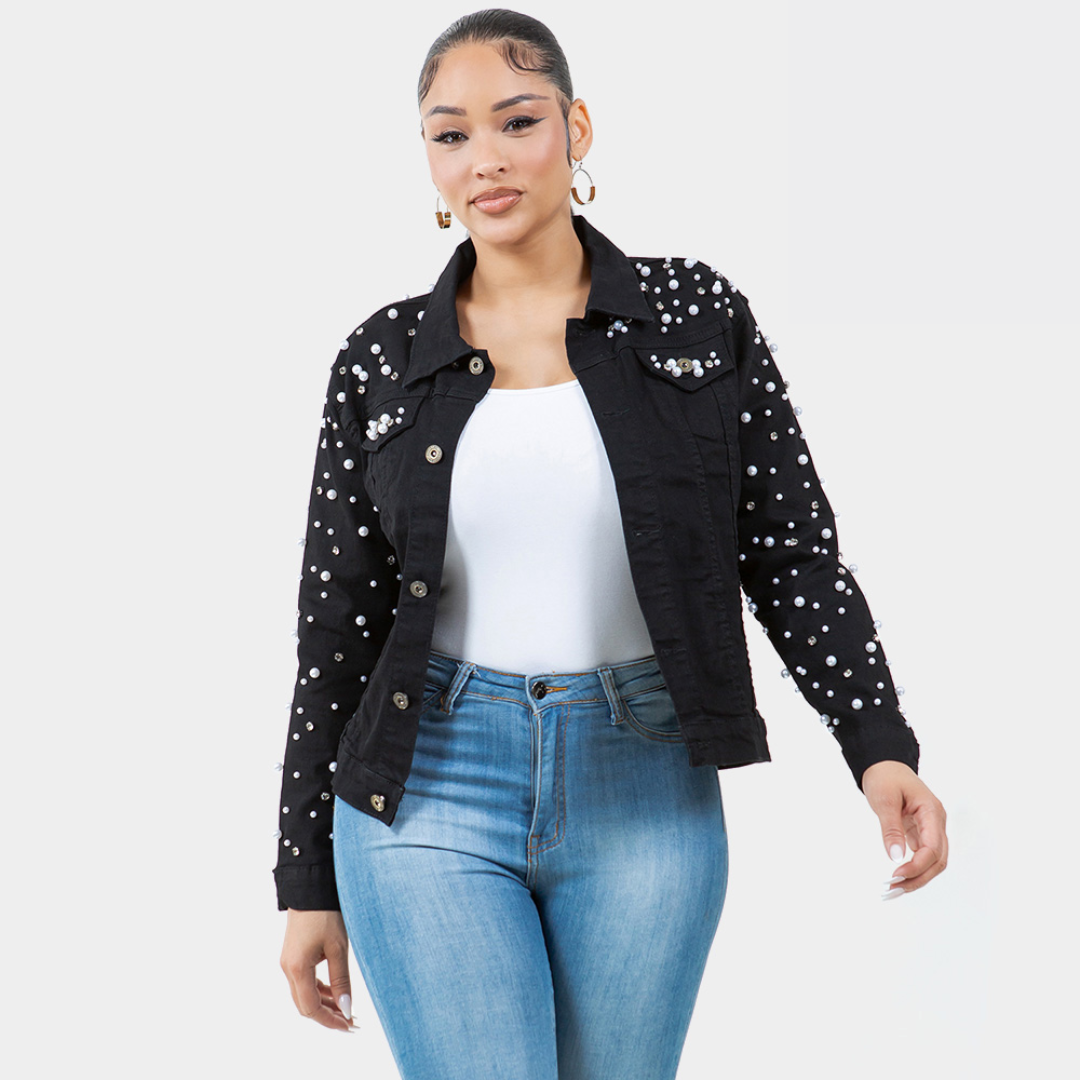 Pearl & Bling Denim Jacket | Black