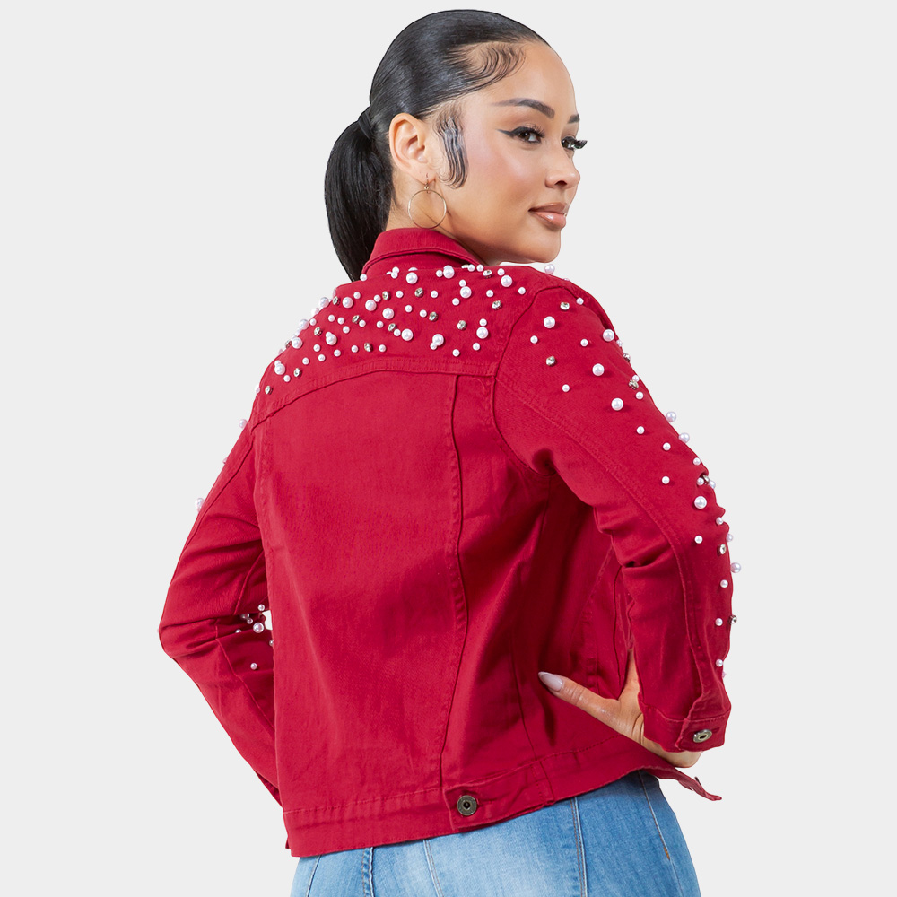 Pearl & Bling Denim Jacket | Red