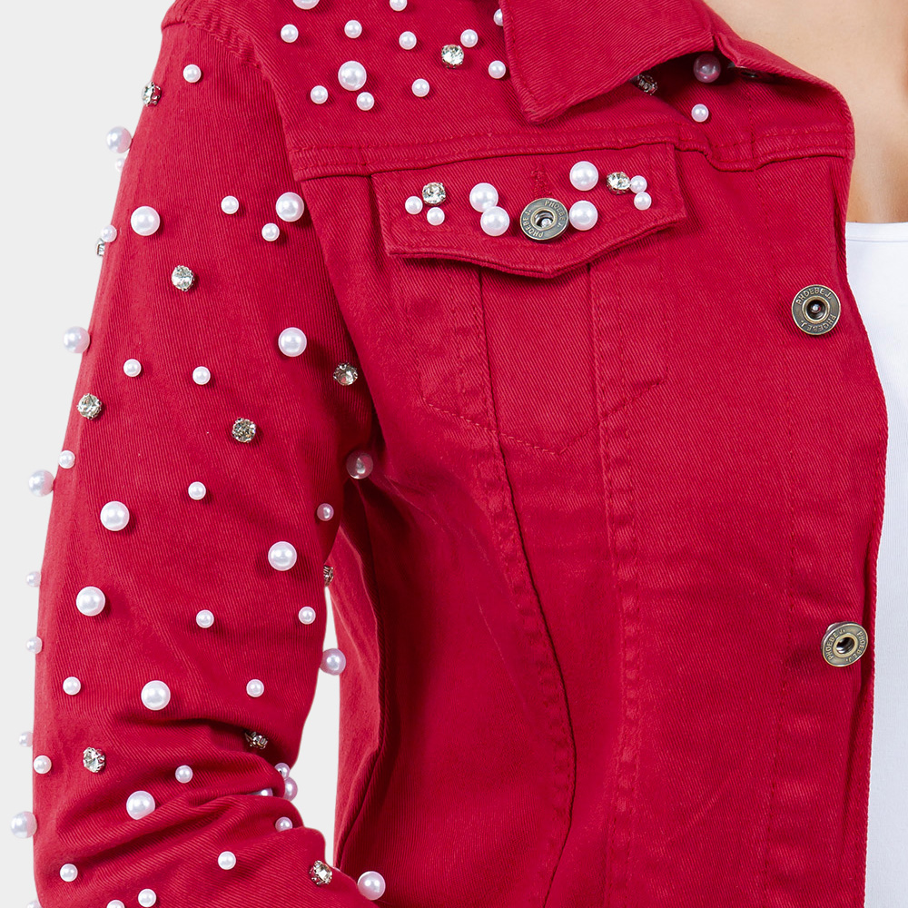 Pearl & Bling Denim Jacket | Red