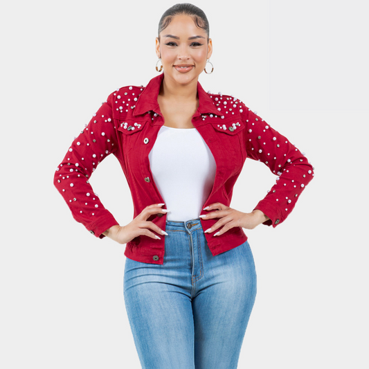 Pearl & Bling Denim Jacket | Red